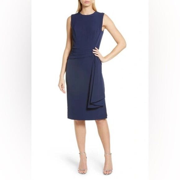 Kay Unger Raven Draped Sheath Midi Dress - Picture 11 of 16